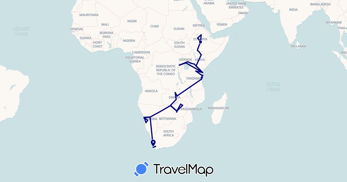 TravelMap itinerary: driving in Ethiopia, Kenya, Namibia, Tanzania, Uganda, South Africa, Zambia, Zimbabwe (Africa)